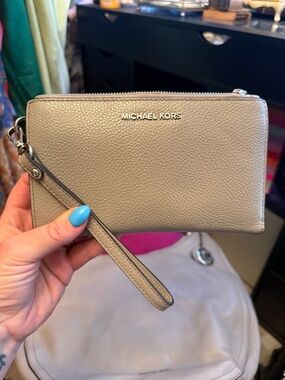 Michael Kors Taupe Pebbled Leather Wristlet with Silver Hardware